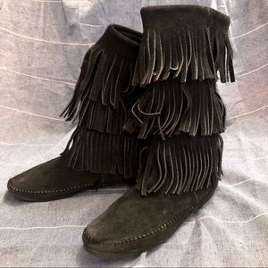 Minnetonka Three Layer Fringe Tall Boots Black